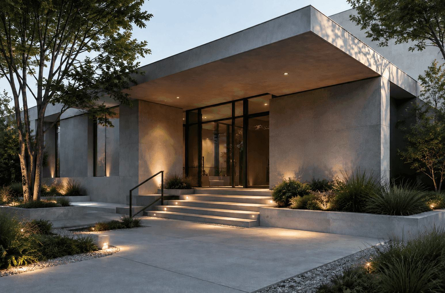 Smile Care clinic entrance at dusk