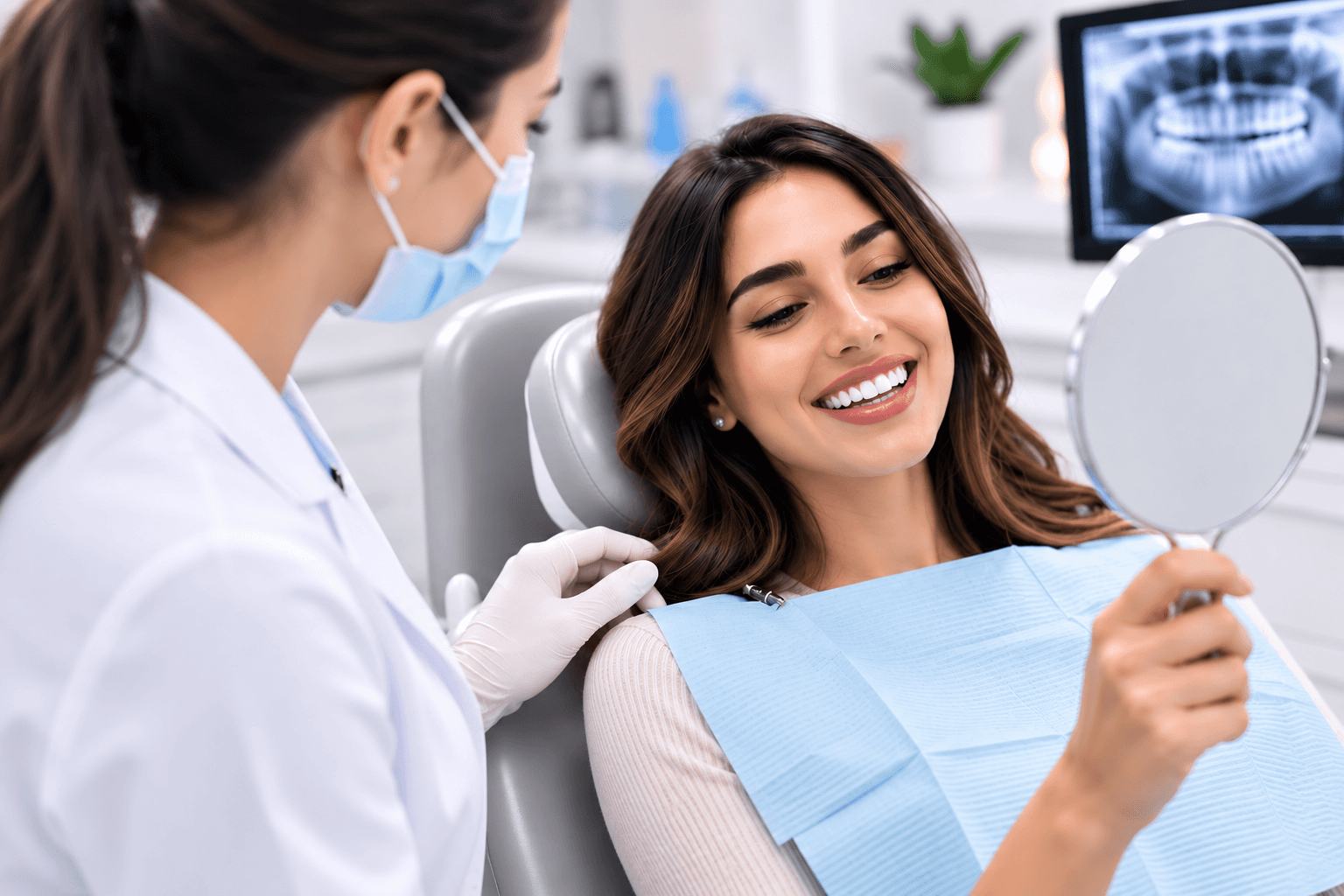 Smiling patient talking with her dentist